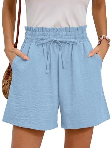 Moodclo Summer Casual Shorts with Pockets Light Blue Small for Women High Waisted Wide Leg Womens Boho Shorts Drawstring Beach Vacation 2026 Clothes - Image 1