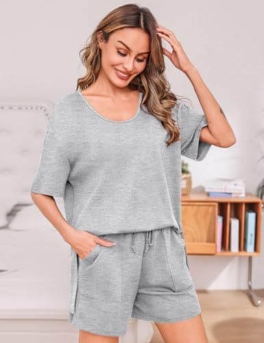 Totatuit Matching Sets for Women Summer 2 Piece Outfits Oversized Tee and Bermuda Shorts Lounge Set Comfy Sleepwear for Travel and Daily Wear Grey X-Large - Thumbnail 3