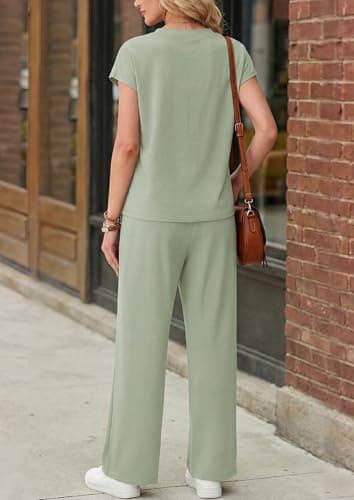 JINKESI Two Piece Sets for Women Summer Outfits Lounge Sets V-neck Tops Wide Leg Pants Vacation Travel Casual Outfit Gray Green-M - Thumbnail 4