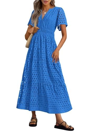 PRETTYGARDEN Womens 2025 Summer Maxi Dress Short Sleeve V Neck Hollow Out Eyelet A Line Long Flowy Beach Vacation Dresses (Blue,Large) - Image 1