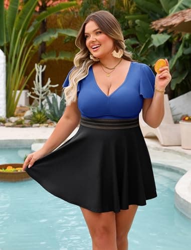 Arolina 2025 Plus Size Swimsuit for Women Swim Dress Full Coverage 2 Piece Bathing Suits Tummy Control Curvy Swimsuits with Boyshorts Blue and Black - Thumbnail 2
