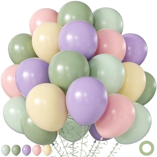 Purple Green Pink Yellow Balloons, 60Pcs 12 Inch Pastel Balloons Include Sage green Pastel Purple Pink Yellow Light Green balloons for Wildflower Baby Shower Wedding Birthday Party Decorations - Image 1