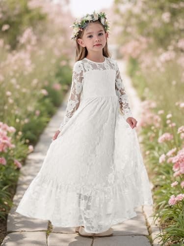 ALLOVIN Toddler & Girls Long Sleeve Lace Flower Girl Dress Maxi Boho A-Line Dress for Wedding Baptism 1st Communion | White | 11-12Y - Thumbnail 4