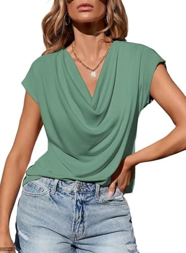 EVALESS Shirts for Women Summer Tops Business Casual Outfits for Women Fashion 2026 Elegant Cowl Neck Short Sleeve T Shirts Green Blouse for Women Dressy Sexy Off Shoulder Work Clothes, Medium - Image 1