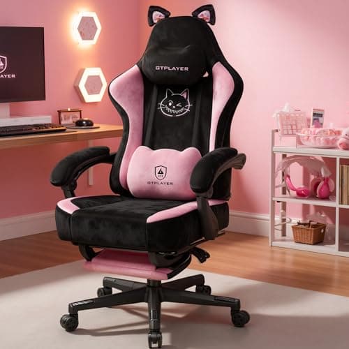 GTPOFFICE Cute Gaming Chair with Cat Ears,Ergonomic Computer Chair with Footrest Cat Paw Lumbar Support Comfortable Reclining Game Chair Desk Chair for Adult Teens, Soft Fabric, Pink Black - Thumbnail 2