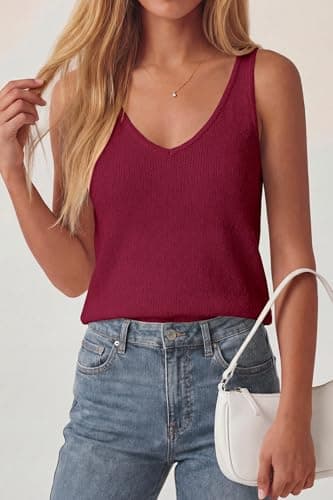 PRETTYGARDEN Women Summer Tank Tops 2026 Basic Sleeveless V Neck Lightweight Knit Beach Vacation Clothes Going Out Top(Burgundy,XX-Large) - Thumbnail 6