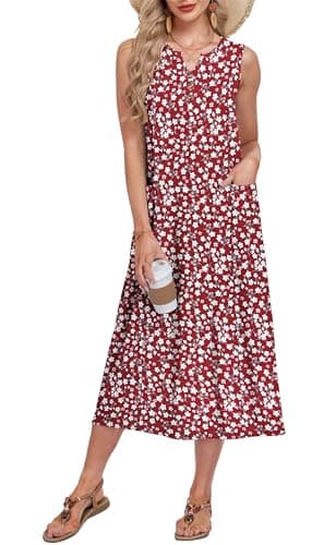 MOLERANI Sleeveless Boho Midi Dress Button Down Floral with Pockets Summer Beach Sundress Casual for Women Vacation 2026, RD S Floral, M - Image 1