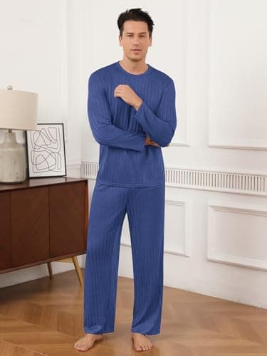 RQP Men's Pajama Sets Long Sleeve Crew Neck Lounge Set with Pockets,Dark Blue - Thumbnail 3