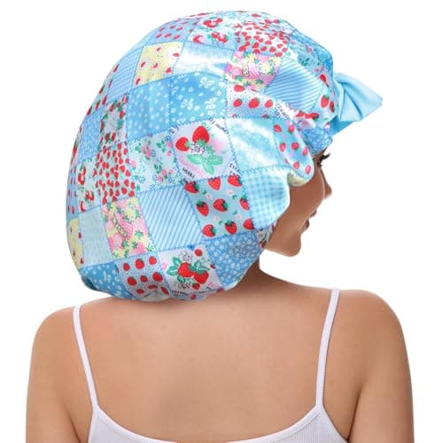 Vettres Hair Bonnet for Sleeping Satin Lined Sleep Cap Double Layer Silk Head Wrap for Curly Natural Hair Strawberries Blue Plaid - Thumbnail 3
