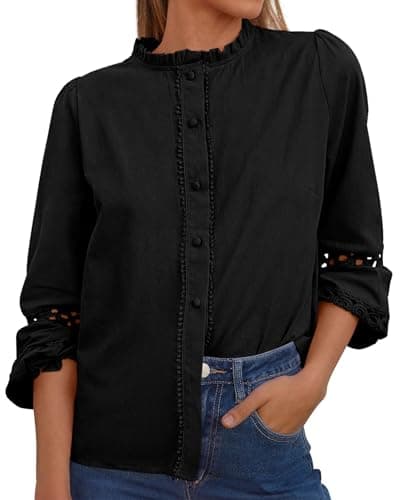 KIRUNDO Going Out Tops for Women 2026 Spring Fashion Boho Cotton Eyelet Long Sleeve Button Up Shirt Lace Dressy Casual Blouse(Black, Large) - Image 1