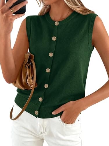 BTFBM Sweater Vest Women Casual Crewneck Loose Button Down Knit Sleeveless Cardigan 2026 Spring Clothes Summer Vest Tops(Dark Green, Small) - Image 1