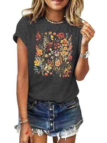GEMLON Women's T Shirts Vintage Flowers Short Sleeve Tees Casual Loose Graphic Tops Boho Floral Shirts for Women Dark Grey XL - Image 1