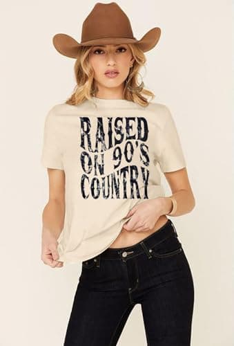 Raised on 90s Country Shirt Womens: Country Concert Outfit Country Music Tshirt Vintage Graphic Short Sleeve Tees Apricot - Thumbnail 4