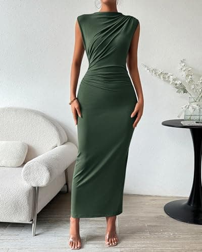 BTFBM Women Ruched Bodycon Maxi Dresses Summer Casual Sleeveless Lightweight Slit Elegant Cocktail Wedding Guest Dress(Army Green, Medium) - Thumbnail 2