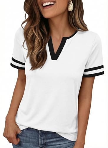 Humordream Womens V Neck Summer T-Shirts Short Sleeve Colorblock Loose 2026 Dressy Casual Raglan Tops White - Image 1