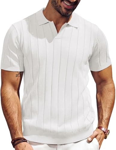 PJ PAUL JONES Mens Polo Shirts Short Sleeve Textured Knit Shirts Collared V Neck Ribbed Polo Shirts White - Image 1