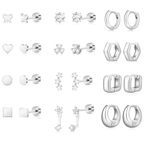 HILXURY 12 Pairs 14K Gold Plated Flat Back Hypoallergenic Earrings for Women Men Surgical Stainless Steel Earrings for Sensitive Ears Small Gold Stud Hoop Cartilage Earring Stack Set for Multiple Piercing Jewelry (Silver 01) - Image 1