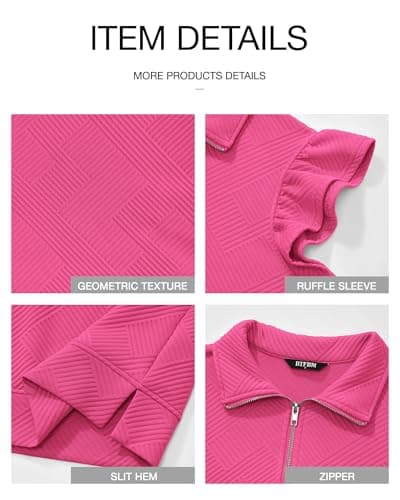 BTFBM Womens 2 Piece Outfits Spring Sweatsuit Zipper V Neck Casual Ruffle Cap Sleeve Tops Drawstring Shorts Lounge Sets(Rose Red, X-Large) - Thumbnail 6