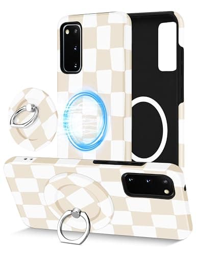 Aitipy Magnetic Checkered Phone Case for Samsung Galaxy S23 Ultra, Compatible with Magsafe, with Cute Checkerboard Stand Ring Holder Aesthetic Protective Phone Cover for Women Girls - Beige - Image 1