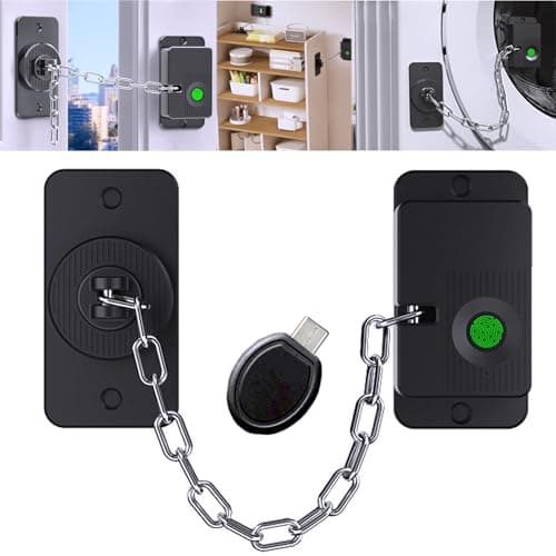 Bstsilver Fingerprint Fridge Lock 20Users for Adults & Teens– No Drill Adhesive, Adjustable Chain Pet Door Latch w/Emergency USB Key for Cat Dog, RV Cabinet Lock Childproof for Freezer Drawer Window