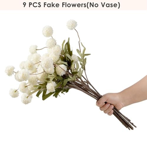 trytuny Fake Fall Flowers for Vase, Faux Silk Kiku Mums, Artificial Pom pom Floral Bouquets Indoor Centerpiece Office Coffee Table Boho Home Decorations (9, White) - Thumbnail 3