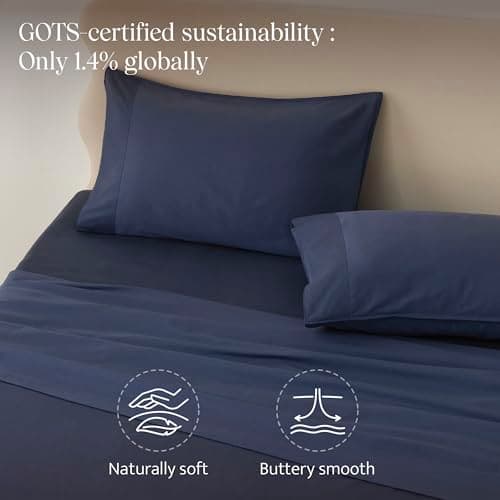 Double Stitch Queen Size Sheet Set,4PCS Soft & Breathable Cotton Organic Cotton Queen Sheet Set,Luxury 300 TC Sateen Weave Bed Sheets,100% GOTS Certified Long Staple Cotton, Navy - Thumbnail 3