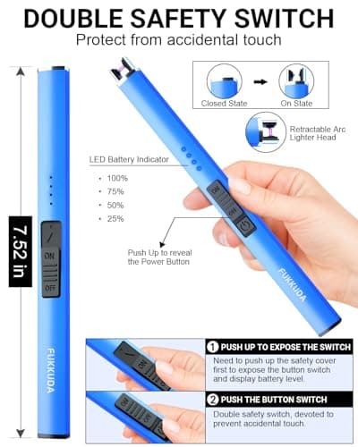 FUKKUDA Electric Candle Lighter with Safety Switch - USB Rechargeable Windproof & Flameless Plasma Arc Lighter for Easter Basket Stuffers (Sapphire Blue) - Thumbnail 5