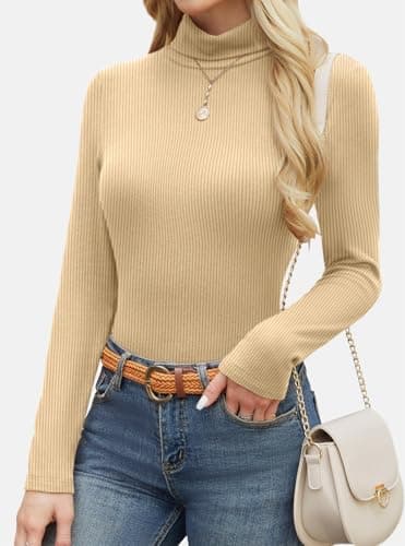GKBK Womens Turtleneck Long Sleeve Tops Ribbed Basic Tshirts Thermal Underwear Warm Lightweight Fall Sweaters 2025 Fashion Outfits Winter Clothes Khaki - Thumbnail 5