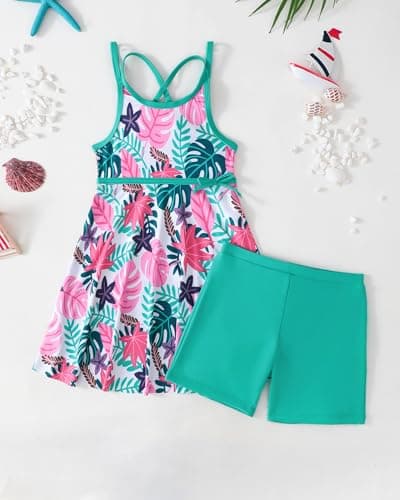 sweetabby Girls Swimsuit Toddler Bathing Suit Green Tropical Swimsuit Girl Cover Up Swim Dress with Shorts 2 Piece Tankini Set Kids Swimwear Size 8 9 - Thumbnail 2