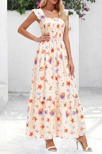 dowerme Womens Summer Maxi Dresses 2026 Casual Ruffle Sleeve Button Smocked Floral Slit Boho Dress Spring Beach Sundress(White Orange Red Flower,XX-Large) - Thumbnail 4