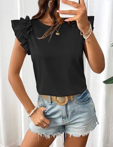 Summer Shirts for Women 2026 Trendy Casual Ruffle Short Sleeve Tops T Shirts Round Neck Cute Flutter Tee Tops Loose Fit Dressy Blouses Black XL - Thumbnail 3