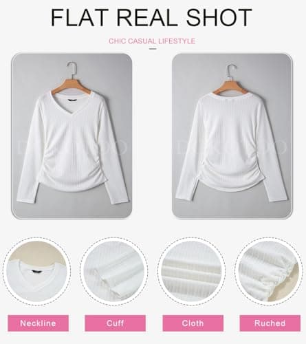 Dokotoo Long Sleeve Shirts for Women Comfy Fashion V Neck Solid Womens Tops Dressy Casual Trendy Loose Comfy Lightweight Basic Tee Shirts Ladies Business Side Ruched Slim Fitted Blouses White Medium - Thumbnail 5