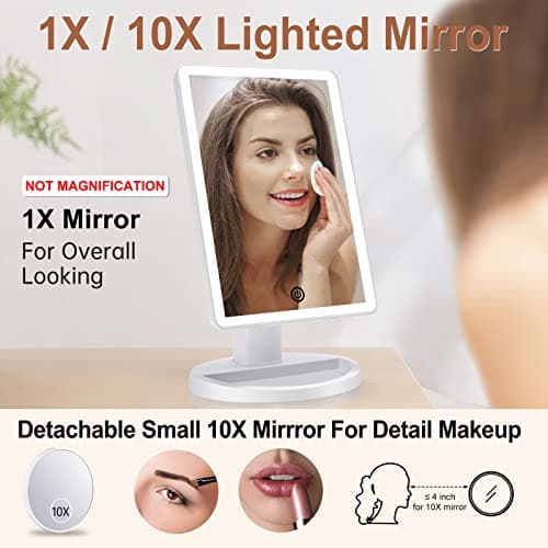 COSMIRROR Makeup Vanity Mirror with 3 Color Lighting, Lighted Makeup Mirror with 72 LED Lights and 10X Magnifying Mirror, Dual Power Supply, 180 Degree Rotation Cosmetic Tabletop Light up Mirrors - Thumbnail 4