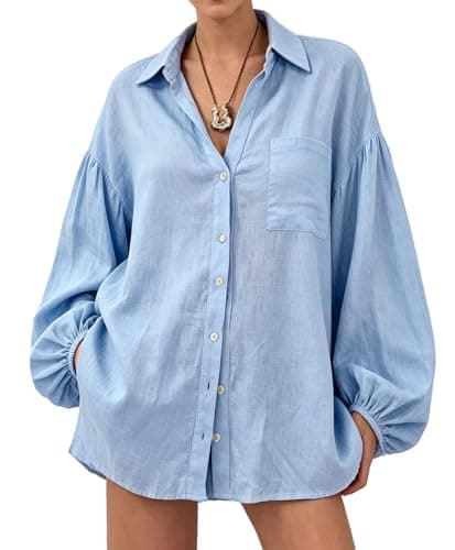 AceNest Cotton Long Sleeve Shirt Spring Outfits Oversized Button Down Linen Shirts Light Blue L