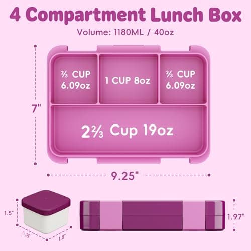 Sxueg Bento Lunch Box for Kids, 4 Compartments Kids Leak Proof Bento Lunch Boxes Food Containers for School, Travel, On-the-Go Meal, Food Grade, Microwave, Dishwasher Safe Rose Red - Thumbnail 3