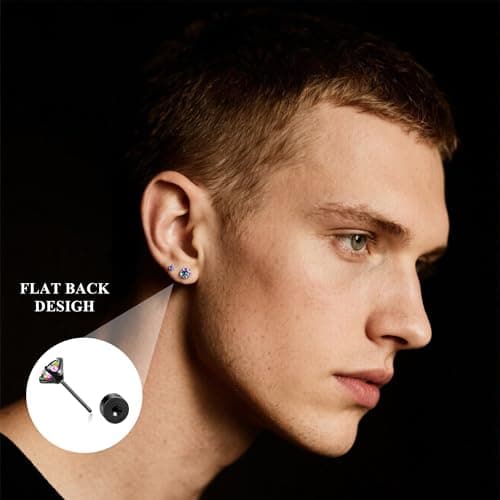 MHWTTY Hypoallergenic Threadless Flat Back Earrings,1 Pairs Cartilage Stud for Women Men Titanium Post 20G None Screw Easy Push in Gold Black Stainless Steel Flatback with CZ 3-7mm (Black, 5mm) - Thumbnail 4
