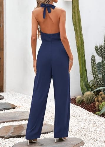 Lazysmile Summer Jumpsuits for Women Sleeveless Halter Backless Pants Romper Dressy Wide Legs One Piece Outfits - Thumbnail 2