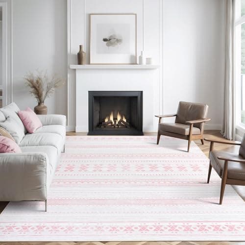Auemtyn 9x12 Washable Area Rug, Boho Moroccan Low Pile Non-Slip Indoor Floor Carpet for Living Room Bedroom Dining Nursery Farmhouse - Pink & White