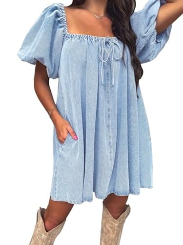 EXLURA Womens Summer Denim Short Puff Sleeve Dresses Knit Loose Plus Size Short Mini Dress 2025 Trendy Outfit - Image 1