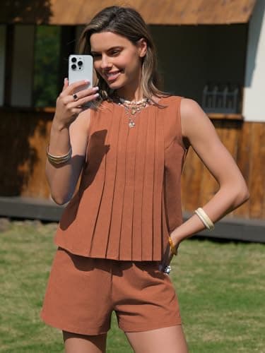 EXLURA Linen Sets for Women 2 Piece Sleeveless Pleated Babydoll Tops Casual Matching Short Set Summer Beach Vacation Outfits - Thumbnail 4