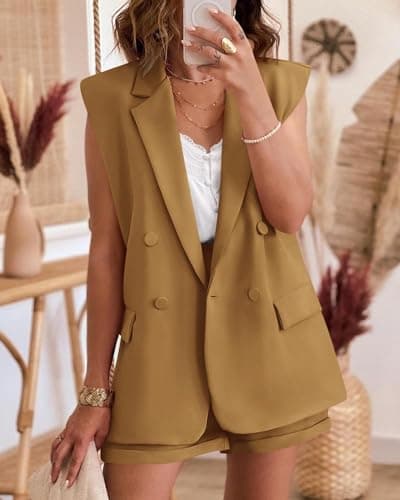 KIRUNDO 2 Piece Outfits for Women Double Breasted Open Front Sleeveless Blazer and Shorts Suit Set Business Casual Summer Sets Spring Fashion Clothing(Brown Yellow, Small) - Thumbnail 2