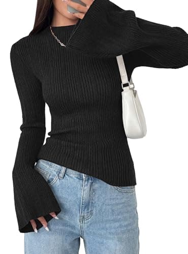 PRETTYGARDEN Sweaters for Women Lightweight Mock Neck Bell Long Sleeve Fitted Tops Ribbed Pullover 2026 Fall Fashion Clothing (Black,Small) - Image 1