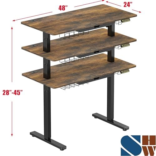 SHW 48-Inch Electric Height Adjustable Standing Desk with Drawer, Memory Preset and Cable Management Tray, Rustic Brown - Thumbnail 3