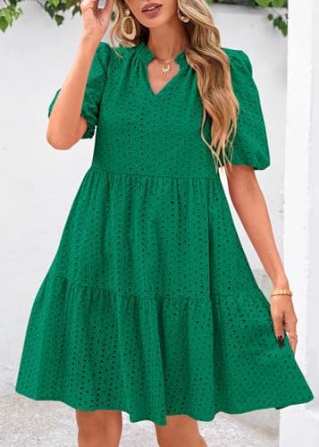 KIRUNDO Eyelet Summer Dresses for Women 2026 Mini Casual Hollow Out Short Sleeve Lace Tiered V Neck Shift Dress Pockets(Dark Green, Large) - Thumbnail 4