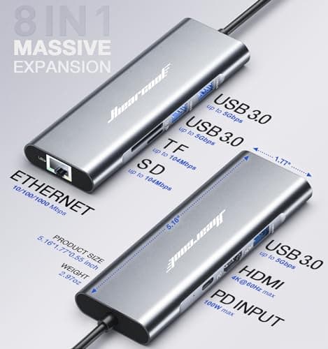 Hiearcool USB C Hub Ethernet 8-in-1, 4K@60Hz USB-C to HDMI Multiport Adapter with 1Gbps RJ45, 100W PD, 3 USB 3.0, SD/TF, Compatible for MacBook Pro/Air, Dell, Lenovo Laptops - Thumbnail 5
