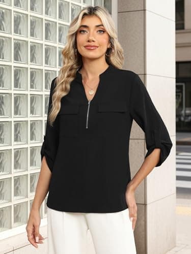 Funlingo Blouses for Women Dressy Casual 3/4 Length Sleeve Womens Tops V Neck Business Work Tunic Shirts Sping Professional Clothes Black M - Thumbnail 4