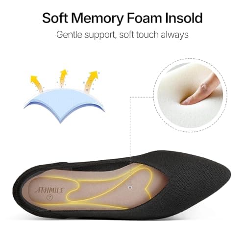 ATHMILE Pointed Toe Flats for Women Ultra-Comfortable Knit Ballet Flats Shoes for Women with Memory Foam & Padding, Machine Washable Womens Flats for Work Office Casual Wedding Black Size 10 - Thumbnail 3