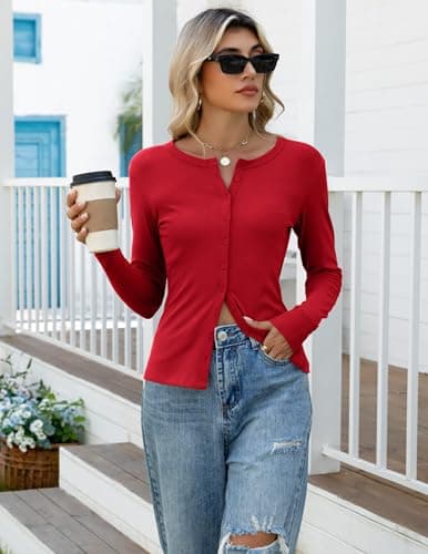 Gleeneat Cardigan Sweaters for Women Long Sleeve Button Down Up Going Out Tops Ribbed Knit Lightweight Cropped Cute Summer Shirts Fall Spring Cardigans 2026 Trendy Fashion Clothing Clothes Outfits - Thumbnail 5