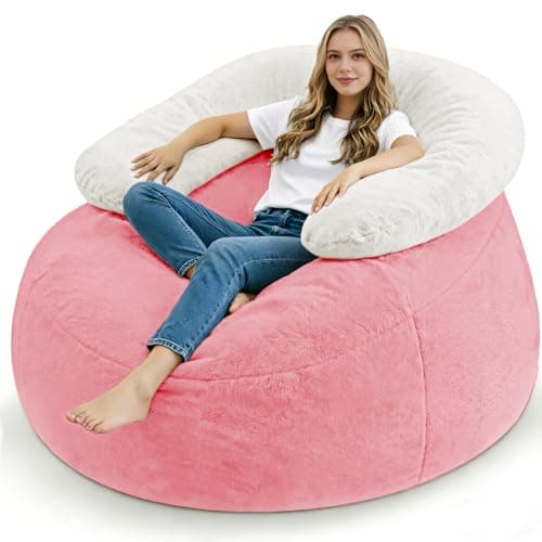 HABUTWAY Giant Bean Bag Chair, Oversized Beanbag Chair with Filler, Ultra Soft Faux Fur Bean Bag Lounge Floor Sofa w/U-Shaped Pillow for Gaming, Reading, Pink & Beige - Image 1