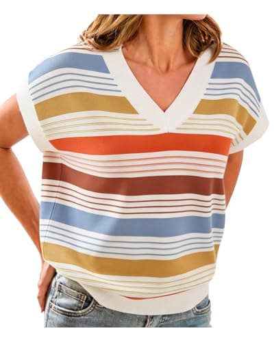 IEEILULU Womens Striped Color Block Sweater Vest Cap Sleeve V Neck Loose Tank Top Cute Summer Sweaters Vest Tops Yellow M - Image 1